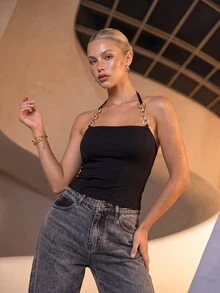 CAJUNI Women's Patchwork Metal Chain Halter Top, Suitable For Party Occasions - Black - View 5
