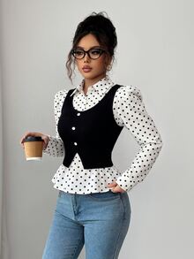 SHEIN Elenzya 女款白色波點羅紋面料翻領V領收腰修身剪裁拼接高級優雅教師風開學派對度假聖誕前夕聖誕節萬聖前夕感恩節聖誕嘉年華排燈節氛圍裝秋季襯衫秋季上衣秋季服飾新款必備時尚單品小眾設計百搭長袖拼接襯衫上衣 - 黑與白 - 查看 4