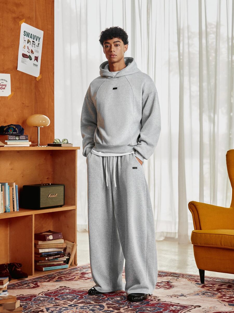 SWAVVY Men's Spring/Autumn Casual Loose Fit Standard Size Hoodie Sweatshirt Set, Grey Solid Color, Elastic Waist - Grey - View 1