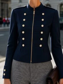 Balvessa Front Button Decor Short Overcoat - Navy Blue - View 1