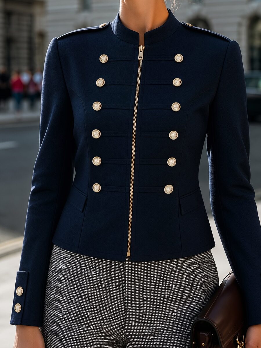 Balvessa Front Button Decor Short Overcoat - Navy Blue - View 1