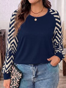 SHEIN LUNE Plus Size Women's Casual Raglan Sleeve Round Neck Loose Fit T-Shirt, Suitable For Autumn/Winter - Multicolor - View 5