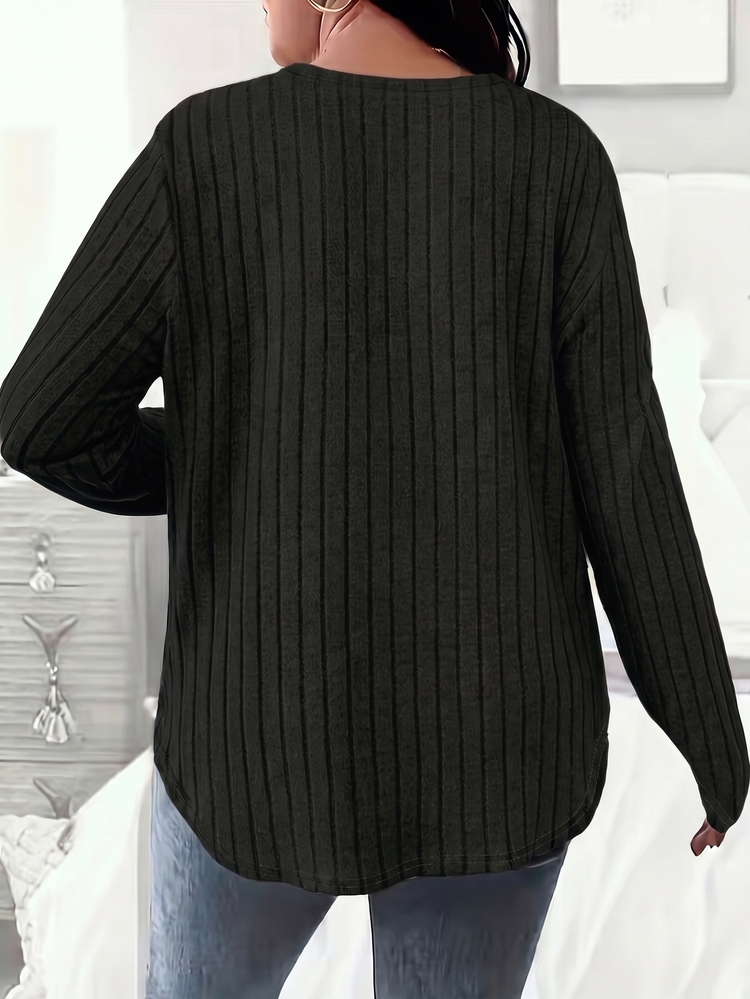 SHEIN LUNE New Women's Fashion Casual Versatile Raglan Sleeve Knit Ribbed Textured Long Sleeve T-Shirt Fall - Black - View 2
