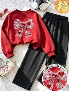 女童 2 件套運動衫與長褲套裝，紅色蝴蝶結圖案休閒套裝，秋冬新款寬鬆落肩長袖上衣 + 鬆緊腰寬腿運動長褲，時尚百搭日常穿著運動套裝，適合前青春期女孩，簡約甜美風格，適用於聖誕節與萬聖節 - 彩色 - 查看 6