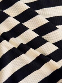 Attitoon Women's Casual (Spring/Autumn) Striped Plus Size V-Neck T-Shirt - Black and White - View 5