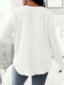 SHEIN LUNE 新款女式時尚休閒百搭羅紋針織紋理長袖落肩 T-shirt 秋季 - 白色 - 查看 2