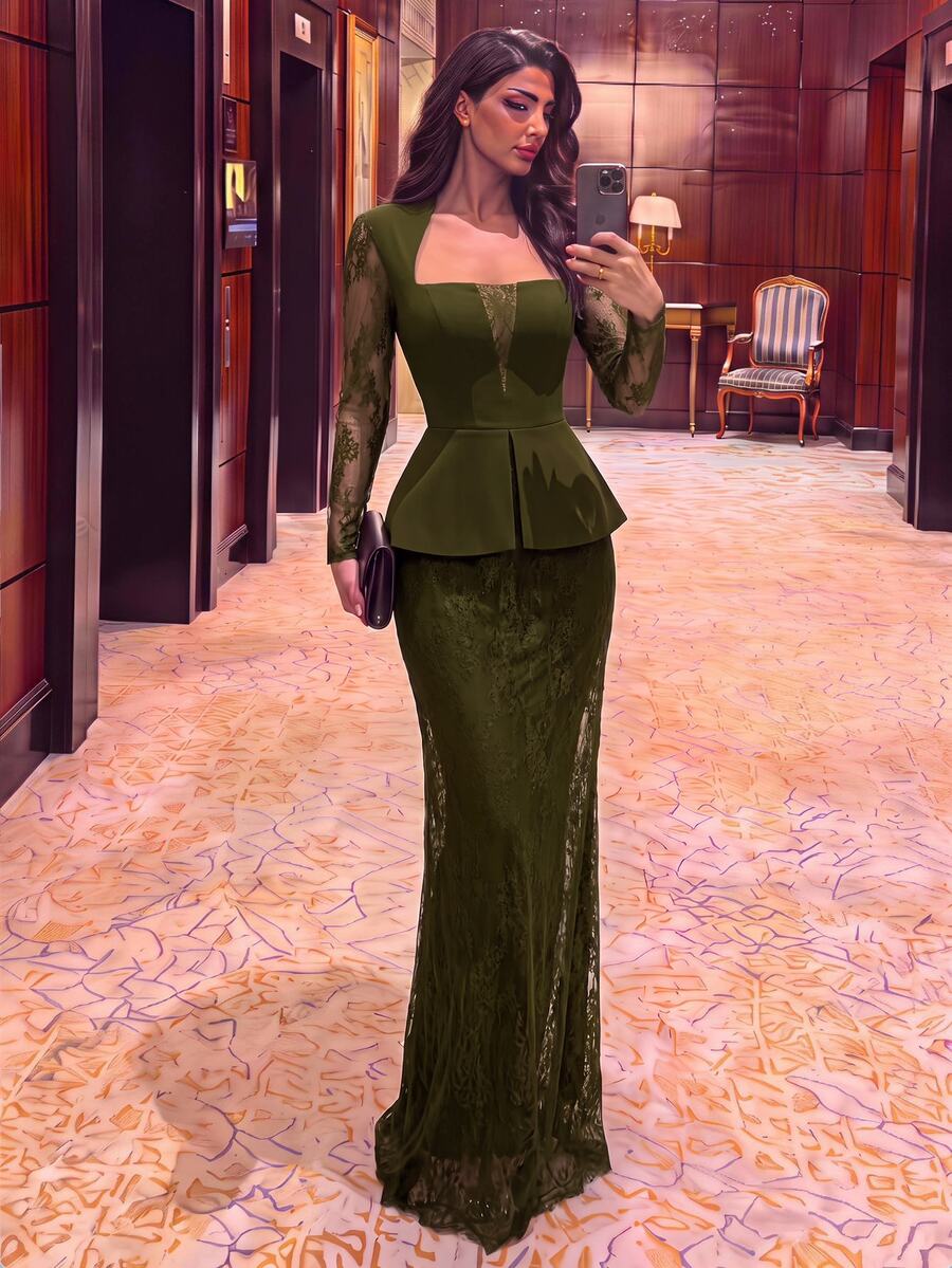 Aureia 優雅奢華彈性蕾絲拼接透視袖口與領口蕾絲拼接胸部遮蓋上衣,搭配A字百褶2合1裙與直筒落地長裙,適合婚禮、單身派對、度假、舞會、晚宴、展覽、商務、畢業典禮、雞尾酒會等多種場合,女款正式晚禮服(重工風格) - 軍綠色 - 查看 1