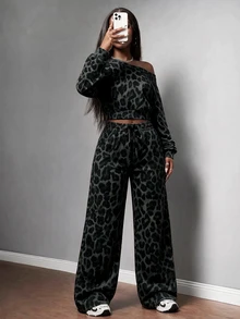 Slaydiva Set Atasan Lengan Panjang Satu Bahu Motif Leopard dan Celana Longgar dengan Tali Serut di Pinggang untuk Wanita - MultiWarna - View 5