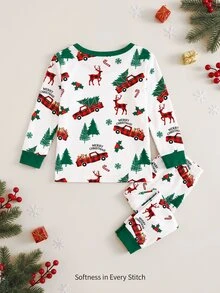Baby Boy Classic Long Sleeve & Long Pants Snug Fit Set, Classic Christmas Element Pattern Print, Cute Christmas Deer Pattern Print, Classic Christmas Candy Pattern Print, Classic Christmas Gingerbread Man Pattern Print, Christmas Snowman Pattern Print, Suitable For Autumn/Winter, Suitable For Christmas - Multicolor - View 3