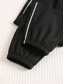 SHEIN 男嬰加厚工裝風黑色立領夾克長袖運動衫與黑色慢跑褲套裝，舒適百搭休閒時尚日常運動簡約百搭風，適合秋冬室內、戶外滑雪、日常、運動、派對、攝影 - 黑色 - 查看 5