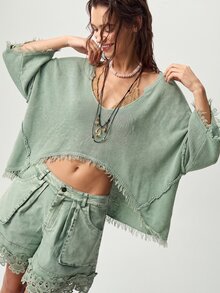 Bohemela 女款 V 領落肩原邊短版破舊風麻花針織毛衣 - 綠色 - 查看 7