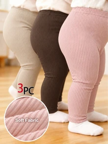 SHEIN Playful Pals 3件組女嬰針織羅紋緊身褲襪，甜美粉色、棕色、卡其色，直條紋針織，修身版型，適合戶外、派對、秋季、芭蕾、假日，水豚 Katseye 款 - 彩色 - 查看 1