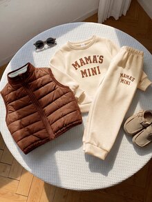 SHEIN 3件組男孩秋冬休閒圓領長袖套頭運動衫、長褲、厚抓絨背心，男孩秋冬套裝，外套套裝，運動套裝 - 彩色 - 查看 5