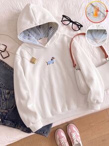SHEIN Sparklyn 青少年女孩可愛臘腸狗刺繡連帽套頭衛衣 淡黃色學院風日系可愛條紋內裡口袋寬鬆秋冬休閒上衣 - 白色 - 查看 3