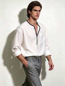 TONEVAULT Men's Colorblock Casual Versatile Long Sleeve Polo Shirt - White - View 4