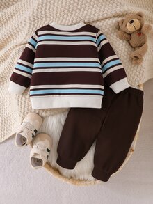 SHEIN Playful Pals 2件組幼兒男嬰運動衫慢跑褲套裝，可愛學院風，嬰兒藍白條紋熊貼布，華夫格針織長袖，戶外秋季假期舒適羅紋款 - 彩色 - 查看 2