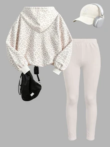 1 Set Tween Girl Autumn/Winter 2 Pieces Outfit, Light-Colored All-Over Leopard Print Drop Shoulder Hooded Sweatshirt + Cream White Solid Color Skinny Leggings, Comfortable Casual Daily Wear For Tween Girls - Multicolor - View 2