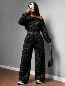 Slaydiva Set Atasan Lengan Panjang Satu Bahu Motif Leopard dan Celana Longgar dengan Tali Serut di Pinggang untuk Wanita - MultiWarna - View 6