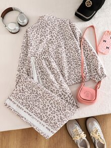 SHEIN 2件組女童條紋拉鍊夾克與刺繡印花蝴蝶結長褲，復古運動風套裝，適合街頭穿搭、運動健身、好友聚會，四季時尚單品 - 彩色 - 查看 2