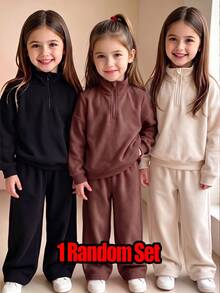 SHEIN Playful Pals 3sets Infant Girls And Boys 3 PiecesSolid Color Zipper Stand Collar Fleece Sweatshirt & Wide Leg Sweatpants Set, Basic - Multicolor - View 3