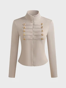 LUMIGAL Women's Autumn/Winter Khaki Fashion Versatile Casual Napoleon Style Long Sleeve T-Shirt - Khaki - View 3