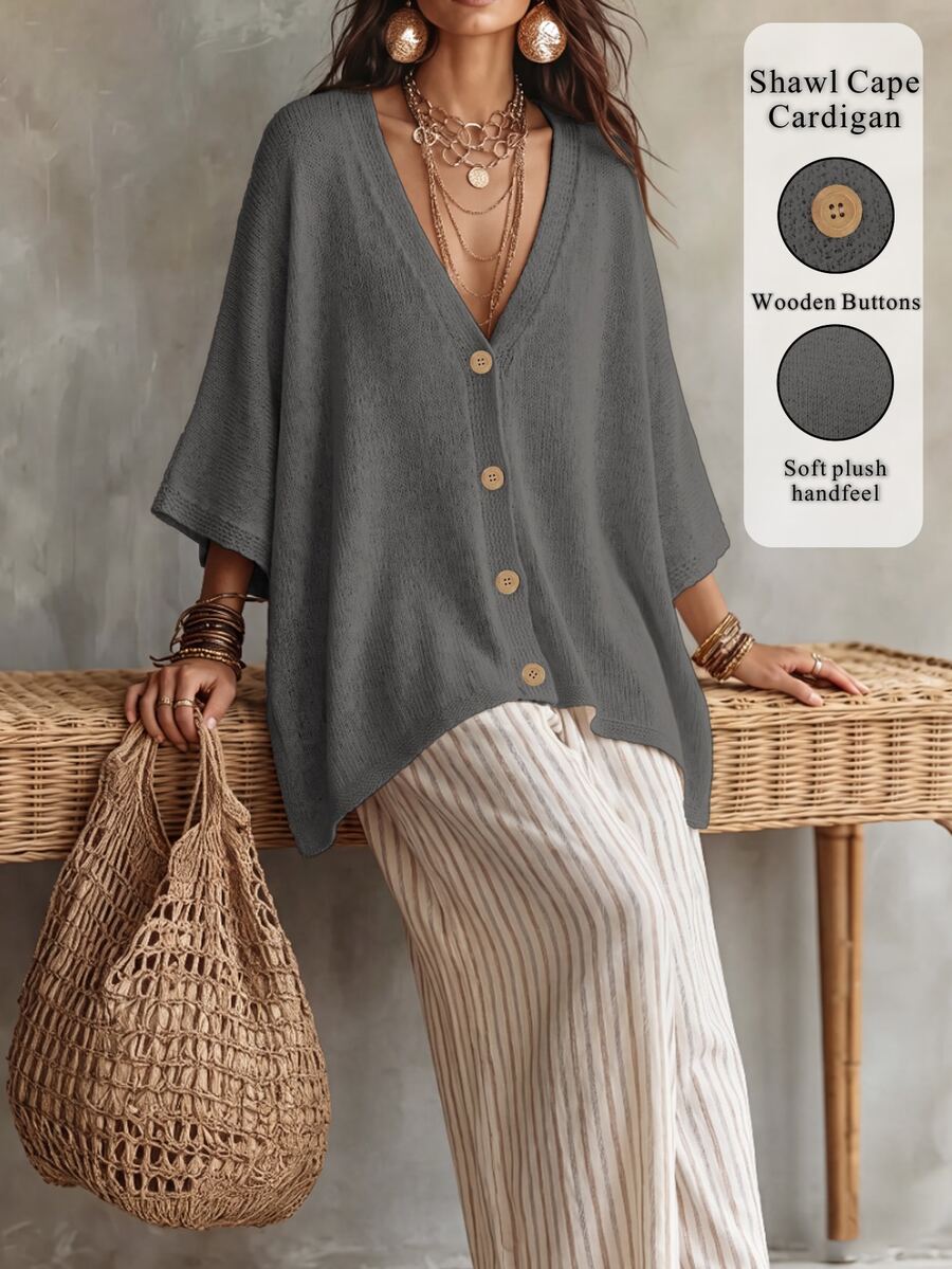 Linhara CURVE Plus Size Women Solid Color Knit Shawl Cardigan V-Neck Metal Buttons Suitable For Daily Casual Office Vacation Plus Size Women Cardigan - Grey - View 1
