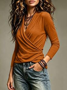 LUMIGAL Women's Brown Cross Waist Versatile Knit Top - Yellow - View 6