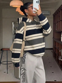 Muchica 女款休閒寬鬆連帽衛衣，美式復古條紋，女款秋冬服飾 - 彩色 - 查看 5