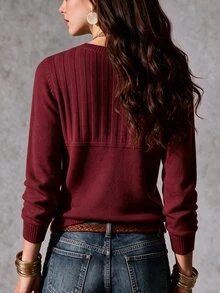 SHEIN 優雅米色羅紋針織長袖上衣，復古半鈕扣亨利領，通勤外套內搭毛衣 - 酒紅色 - 查看 2