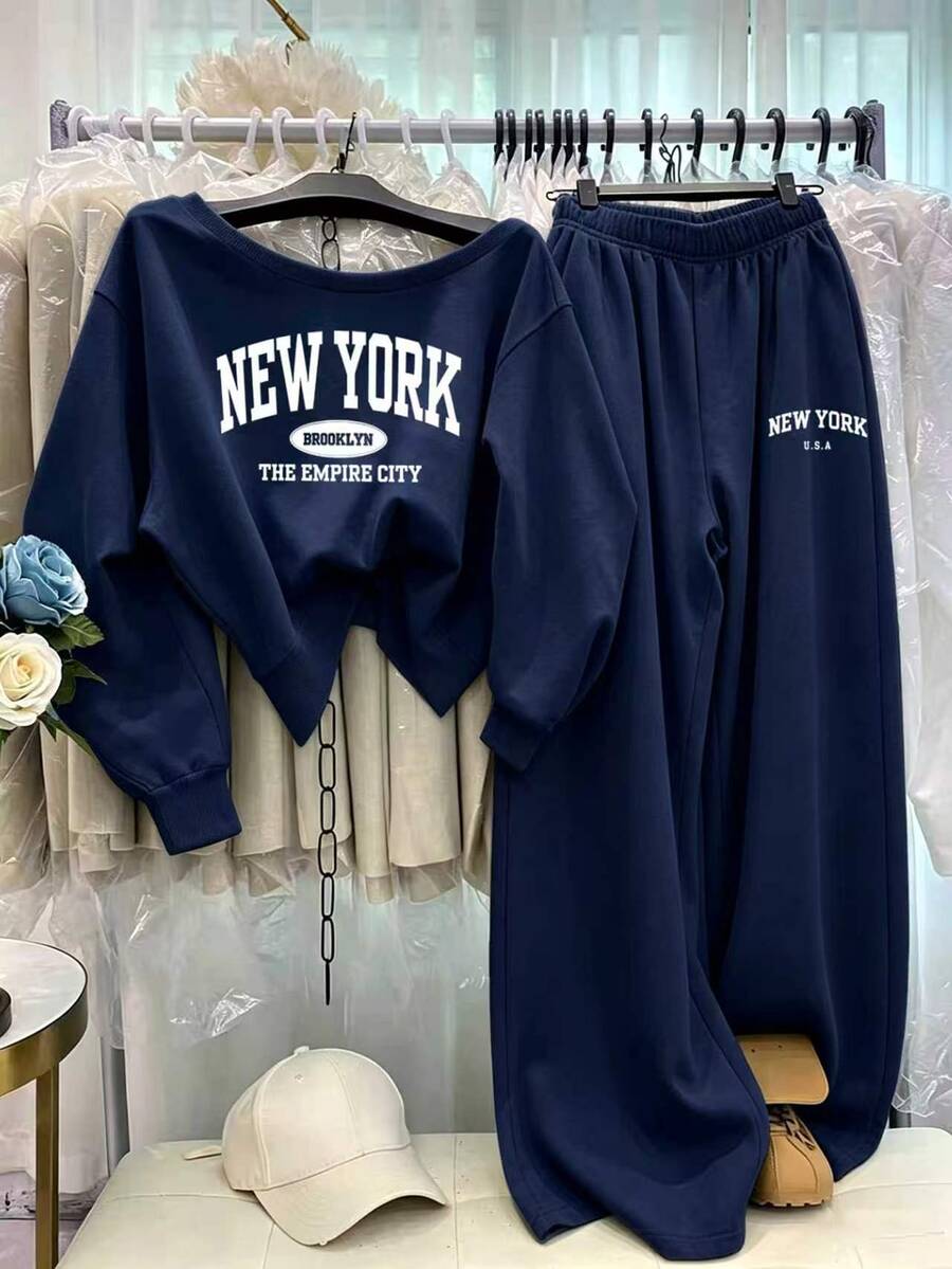 Resyla Women's 2 Pieces Casual Lounge Set, Slanted Neck Long Sleeve Sweatshirt & Pants With Lette Design For Daily Wear And Sports - Navy Blue - View 1