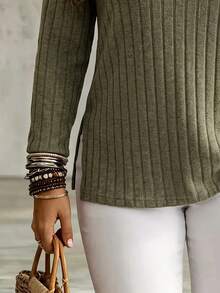 Autumn/Winter Square Neck Side Slit Hem Design Fashion Casual Army Green Basic Plus Size T-Shirt - Army Green - View 3