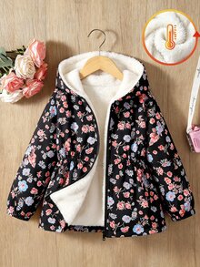 女童可愛印花保暖內裡加厚拉鍊開襟外套，秋冬款，杏色花卉配粉色毛絨飾邊，簡約甜美風格，適合上學、外出與玩耍 - 黑色 - 查看 5