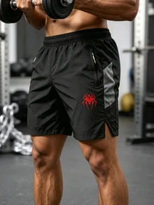 Men's Spider Print Zipper Pocket Sports Shorts - Black - View 3