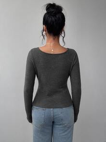 SHEIN BASICS تي شيرت نسائي كاجوال بسيط بأكمام طويلة للارتداء اليومي - رمادي غامق - مشاهدة 9