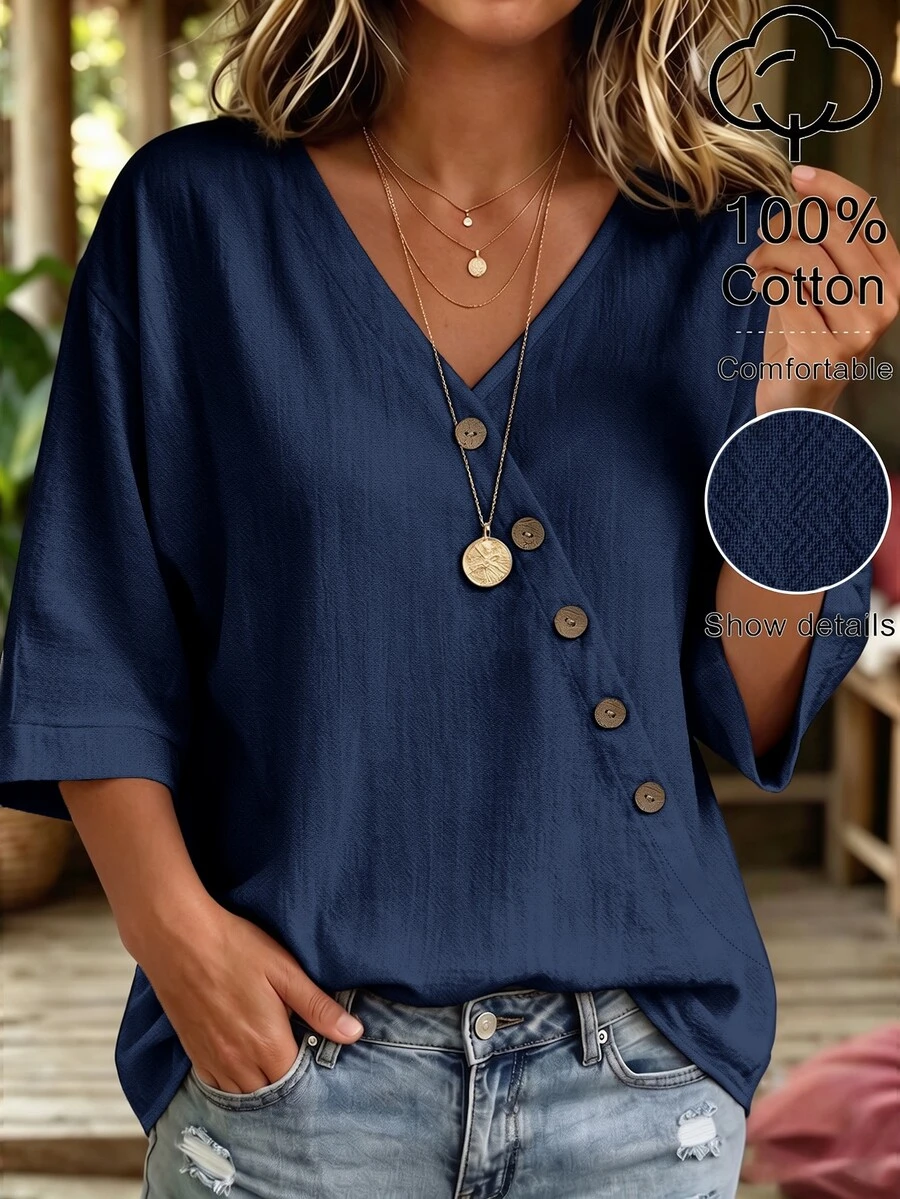 Linhara CURVE Atasan Wanita Ukuran Besar Model V-Neck dengan Hem Asimetris, Blus Kasual untuk Jalan-jalan - Navy Blue - View 1