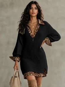 Balvessa Women's Ribbed Slim Fit V-Neck Leopard Print Patchwork Collar Lantern Long Sleeve Split Hem Sweater - Black - View 5