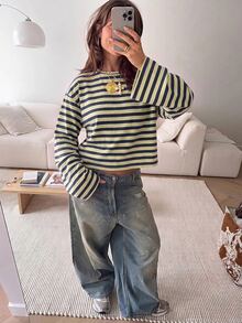 SHEIN EZwear 女款休閒海外風長袖條紋T恤，秋季上衣，適合日常通勤、聚會、秋冬/夏季、聖誕節、新年、感恩節、派對、婚禮、海灘、畢業典禮、優雅、外出、約會、通勤、情人節、優雅、度假、Y2K、畢業典禮等場合，條紋T恤 - 彩色 - 查看 6