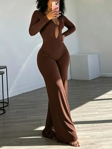 INAWLY Solva Solid Color Hollow Out Wide Leg Long Sleeve Jumpsuit - Coffee Brown - View 5