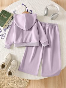 SHEIN ChillGRL Streecool 青少女 2 件套秋季服飾 常規厚度針織休閒百搭連帽拉鍊外套與寬鬆寬腿長褲套裝，附馬術運動圖案印花，適合休閒運動 - 紫色 - 查看 2