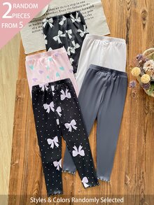 SHEIN 5件隨機發送 2件女孩心形蝴蝶結甜美可愛百搭柔軟舒適羅紋針織內搭褲 春夏四季款 - 彩色 - 查看 2