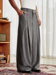 SWAVVY Men's Button Pleated Pocket Loose Pants - Dark Grey - View 3