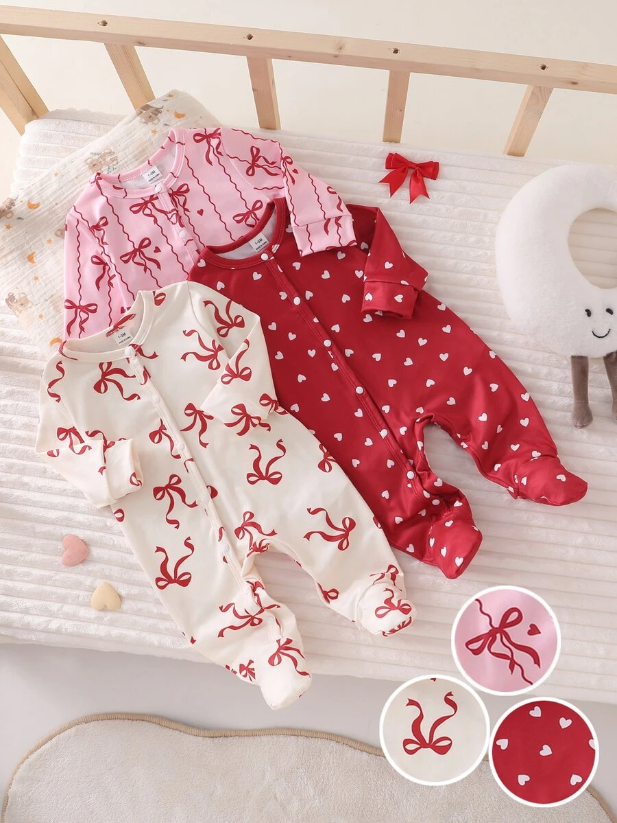 SHEIN 新生兒極簡時尚甜美可愛愛心圖案 3 件套長袖長版連身衣居家休閒服 - 彩色 - 查看 1