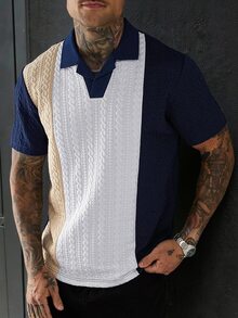 Manfinity Homme 男士紋理撞色短袖休閒通勤 Polo 衫 - 藏蓝色 - 查看 5