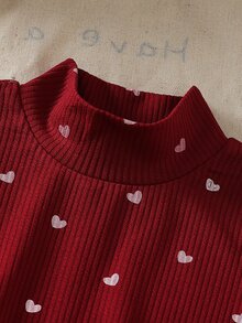 SHEIN Young Girl 紅色羅紋高領兩件套 2pcs 套裝 高領長袖不對稱上衣配紅色人造毛領袖口，搭配羅紋喇叭褲 - 酒紅色 - 查看 4