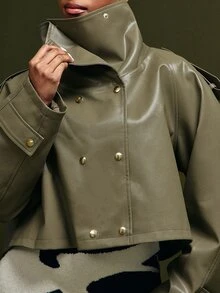 Vixey Women's Solid Color PU Leather Double-Breasted Long Sleeve Casual Jacket - Green - View 5