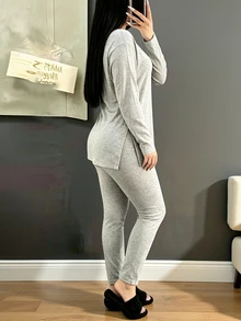 INAWLY Solva Women's Solid Color Long Sleeve Top And Pants Casual Daily 2 Pieces Set - Light Grey - View 6