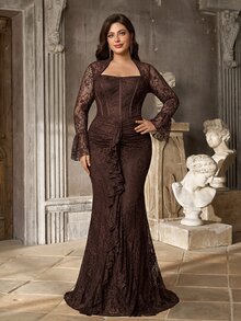 Aureia Plus Size Elegant Romantic Luxurious Coffee Lace Asymmetrical Collar Flared Sleeve Asymmetrical Ruffle Overlay Fitted Mermaid Hem Evening Gown For Party Date Ball Vacation Wedding Event - Coffee Brown - View 3