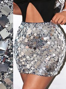 BamGleam Women's All-Season Sexy Glamorous Party Sequin Bodycon Silver Skirt - Silver - View 6