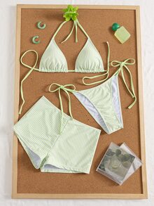 Swim Mod 女款夏季條紋印花掛脖比基尼上衣與三角褲 3 件式泳衣套裝 - 薄荷綠 - 查看 2