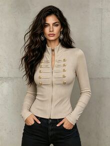 LUMIGAL Women's Autumn/Winter Khaki Fashion Versatile Casual Napoleon Style Long Sleeve T-Shirt - Khaki - View 8